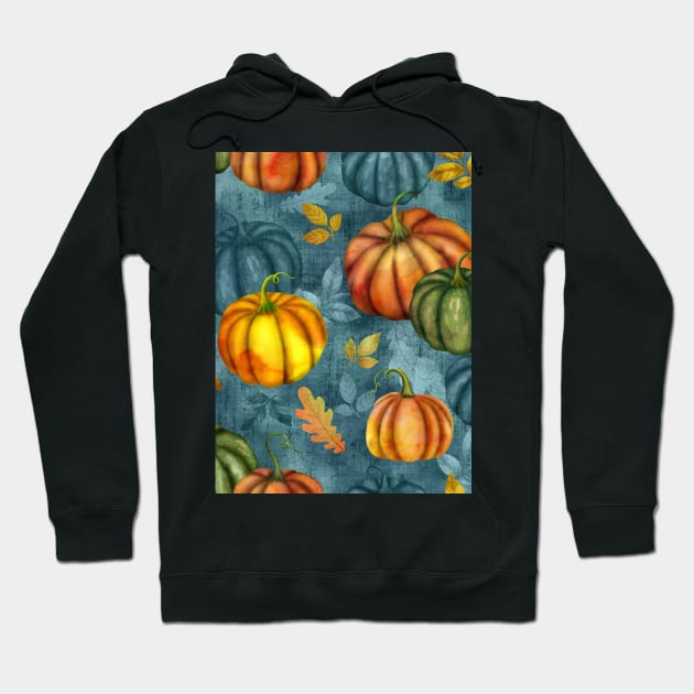 Pumpkins and different fall leaves seamless watercolor pattern. Autumn colorful composition. Thanksgiving textural background Hoodie by likapix